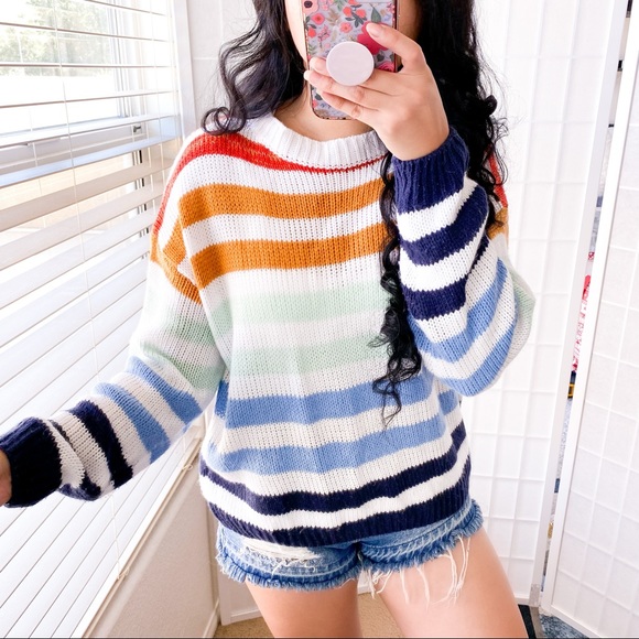 Sweaters - 🦋30% OFF🦋 Rainbow Striped Pullover Knit Sweater